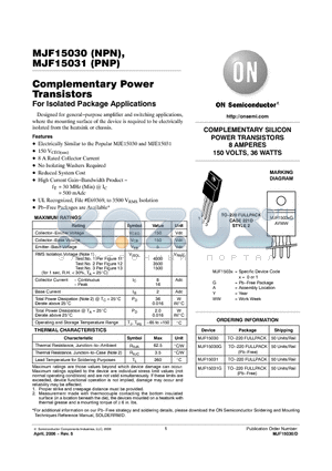 MJF15030 datasheet - COMPLEMENTARY SILICON POWER TRANSISTORS 8 AMPERES 150 VOLTS, 36 WATTS