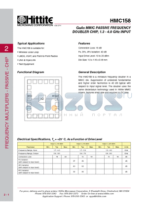 HMC158_11 datasheet - GaAs MMIC PASSIVE FREQUENCY DOUBLER CHIP, 1.3 - 4.0 GHz INPUT