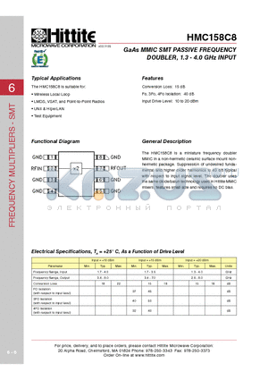 HMC158C8 datasheet - GaAs MMIC SMT PASSIVE FREQUENCY DOUBLER, 1.3 - 4.0 GHz INPUT