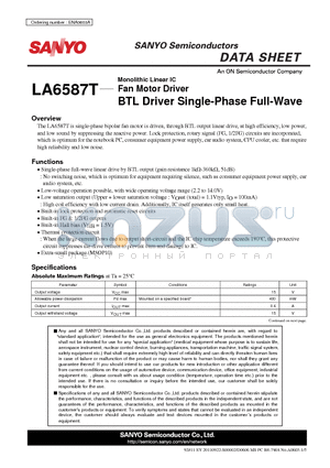 LA6587T datasheet - Fan Motor Driver BTL Driver Single-Phase Full-Wave