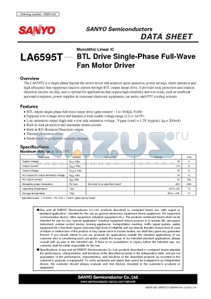 LA6595T datasheet - BTL Drive Single-Phase Full-Wave Fan Motor Driver