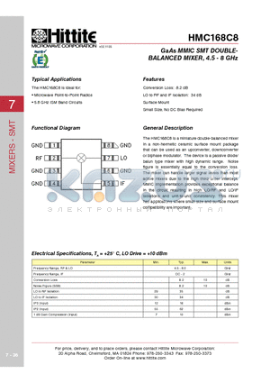 HMC168C8_06 datasheet - GaAs MMIC SMT DOUBLEBALANCED MIXER, 4.5 - 8 GHz