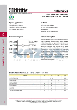 HMC168C8_08 datasheet - GaAs MMIC SMT DOUBLE-BALANCED MIXER, 4.5 - 8 GHz