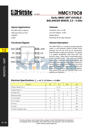 HMC170C8 datasheet - GaAs MMIC SMT DOUBLEBALANCED MIXER, 2.5 - 4 GHz