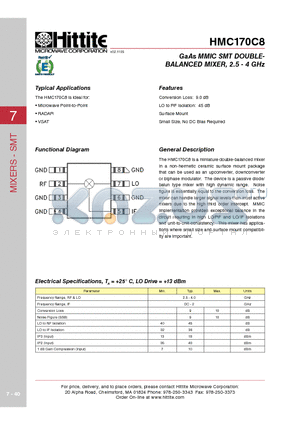 HMC170C8 datasheet - GaAs MMIC SMT DOUBLEBALANCED MIXER, 2.5 - 4 GHz