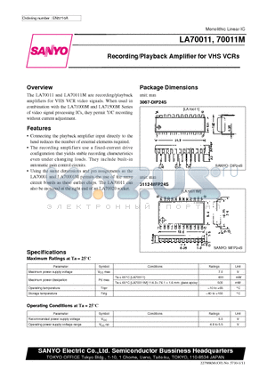 LA70011 datasheet - Recording/Playback Amplifier for VHS VCRs