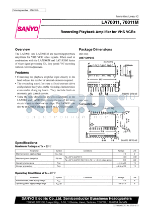 LA70011M datasheet - Recording/Playback Amplifier for VHS VCRs