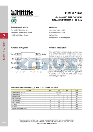 HMC171C8 datasheet - GaAs MMIC SMT DOUBLEBALANCED MIXER, 7 - 10 GHz