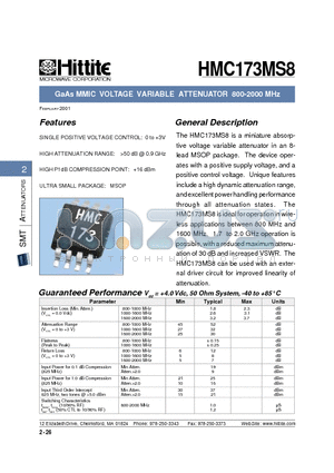 HMC173MS8 datasheet - GaAs MMIC VOLTAGE VARIABLE ATTENUATOR 800-2000 MHz