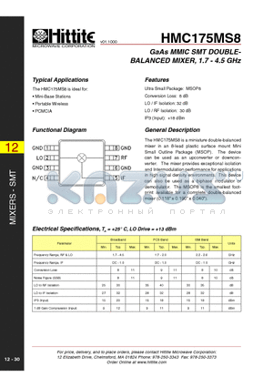 HMC175MS8 datasheet - GaAs MMIC SMT DOUBLEBALANCED MIXER, 1.7 - 4.5 GHz