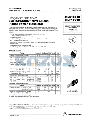 MJF18009 datasheet - POWER TRANSISTORS 10 AMPERES 1000 VOLTS 50 and 150 WATTS
