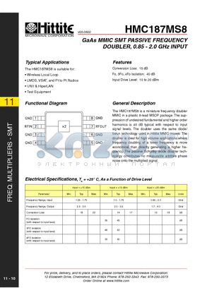 HMC187MS8 datasheet - GaAs MMIC SMT PASSIVE FREQUENCY DOUBLER, 0.85 - 2.0 GHz INPUT