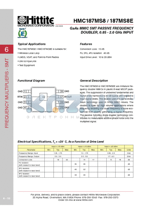 HMC187MS8 datasheet - GaAs MMIC SMT PASSIVE FREQUENCY DOUBLER, 0.85 - 2.0 GHz INPUT