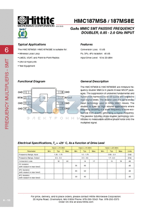 HMC187MS8_06 datasheet - GaAs MMIC SMT PASSIVE FREQUENCY DOUBLER, 0.85 - 2.0 GHz INPUT