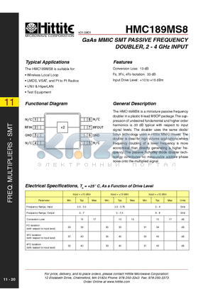 HMC189MS8 datasheet - GaAs MMIC SMT PASSIVE FREQUENCY DOUBLER, 2 - 4 GHz INPUT
