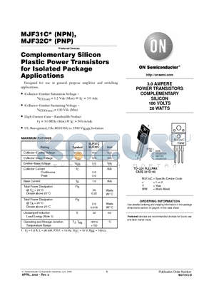 MJF31C datasheet - 3.0 AMPERE POWER TRANSISTORS COMPLEMENTARY SILICON 100 VOLTS 28 WATTS