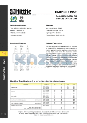 HMC195 datasheet - GaAs MMIC SOT26 T/R SWITCH, DC - 2.5 GHz