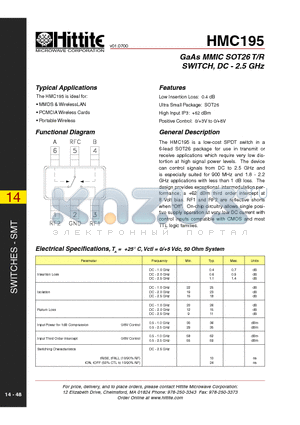 HMC195 datasheet - GaAs MMIC SOT26 T/R SWITCH, DC - 2.5 GHz