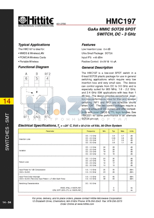 HMC197 datasheet - GaAs MMIC SOT26 SPDT SWITCH, DC - 3 GHz