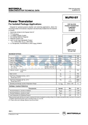 MJF6107 datasheet - PNP SILICON POWER TRANSISTOR 7 AMPERES 70 VOLTS 34 WATTS