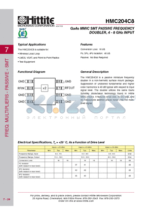 HMC204C8_08 datasheet - GaAs MMIC SMT PASSIVE FREQUENCY DOUBLER, 4 - 8 GHz INPUT