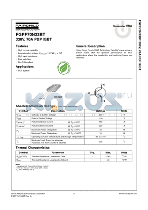 FGPF70N33BTTU datasheet - 330V, 70A PDP IGBT