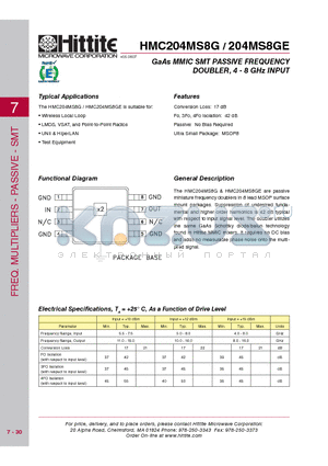 HMC204MS8G_08 datasheet - GaAs MMIC SMT PASSIVE FREQUENCY DOUBLER, 4 - 8 GHz INPUT