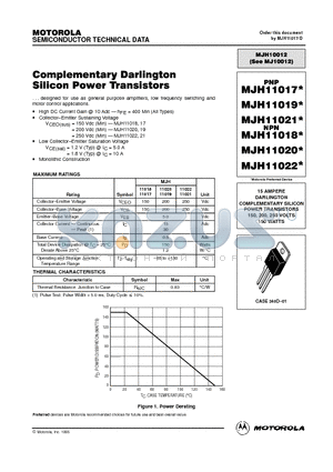 MJH11017 datasheet - 15 AMPERE DARLINGTON COMPLEMENTARY SILICON POWER TRANSISTORS 150, 200, 250 VOLTS 150 WATTS