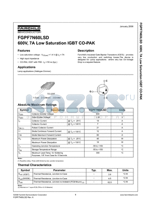 FGPF7N60LSD datasheet - 600V, 7A Low Saturation IGBT CO-PAK