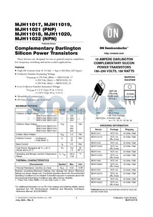 MJH11019G datasheet - 15 AMPERE DARLINGTON COMPLEMENTARY SILICON POWER TRANSISTORS 150−250 VOLTS, 150 WATTS