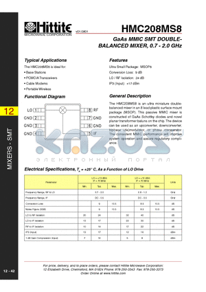 HMC208MS8 datasheet - GaAs MMIC SMT DOUBLEBALANCED MIXER, 0.7 - 2.0 GHz