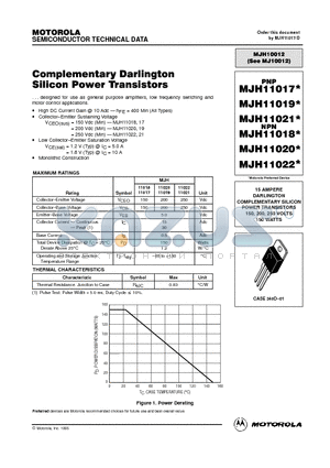 MJH11020 datasheet - 15 AMPERE DARLINGTON COMPLEMENTARY SILICON POWER TRANSISTORS 150, 200, 250 VOLTS 150 WATTS