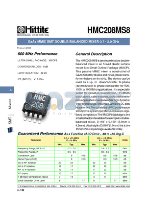 HMC208MS8 datasheet - GaAs MMIC SMT DOUBLE-BALANCED MIXER 0.7 - 2.0 GHz