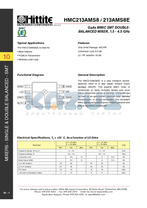 HMC213AMS8 datasheet - GaAs MMIC SMT Double-Ba lanced Mixer, 1.5 - 4.5 GHz