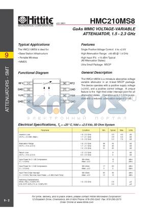 HMC210MS8 datasheet - GaAs MMIC VOLTAGE-VARIABLE ATTENUATOR, 1.5 - 2.3 GHz