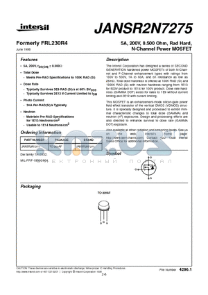 JANSR2N7275 datasheet - 5A, 200V, 0.500 Ohm, Rad Hard, N-Channel Power MOSFET