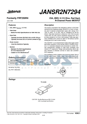 JANSR2N7294 datasheet - 23A, 200V, 0.115 Ohm, Rad Hard, N-Channel Power MOSFET