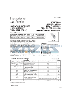 JANSR2N7390 datasheet - RADIATION HARDENED POWER MOSFET