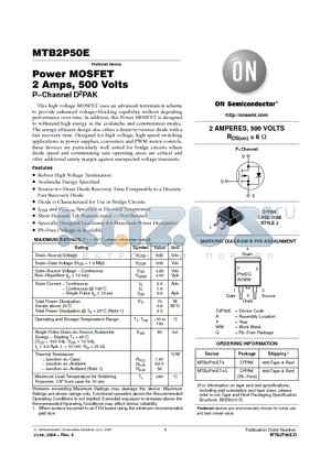 MTB2P50ET4 datasheet - Power MOSFET 2 Amps, 500 Volts P−Channel D2PAK