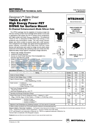 MTB2N40E datasheet - TMOS POWER FET 2.0 AMPERES 400 VOLTS