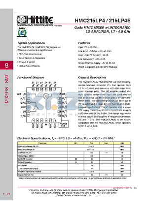 HMC215LP4E datasheet - GaAs MMIC MIXER w/ INTEGRATED LO AMPLIFIER, 1.7 - 4.0 GHz