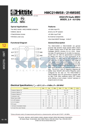 HMC214MS8E datasheet - HIGH IP3 GaAs MMIC MIXER, 2.4 - 4.0 GHz