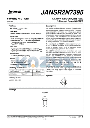 JANSR2N7395 datasheet - 8A, 100V, 0.230 Ohm, Rad Hard, N-Channel Power MOSFET