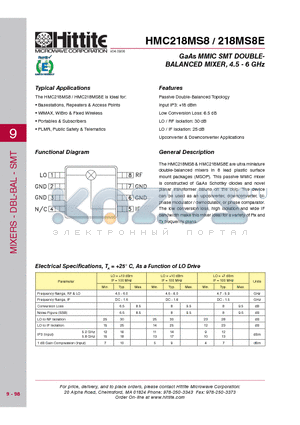 HMC218MS8 datasheet - GaAs MMIC SMT DOUBLEBALANCED BALANCED MIXER, 4.5 - 6 GHz