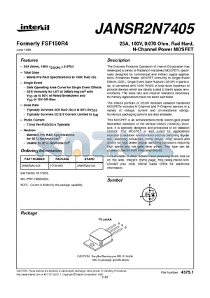 JANSR2N7405 datasheet - 25A, 100V, 0.070 Ohm, Rad Hard, N-Channel Power MOSFET