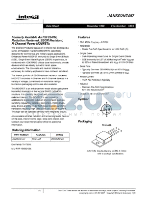 JANSR2N7407 datasheet - Formerly Available As FSF254R4, Radiation Hardened, SEGR Resistant, N-Channel Power MOSFETs