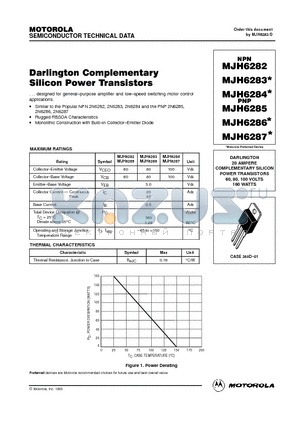 MJH6284 datasheet - DARLINGTON 20 AMPERE COMPLEMENTARY SILICON POWER TRANSISTORS 60, 80, 100 VOLTS 160 WATTS