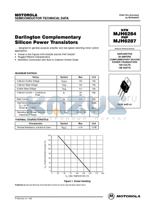 MJH6284 datasheet - DARLINGTON COMPLEMENTARY SILICON POWER TRANSISTORS