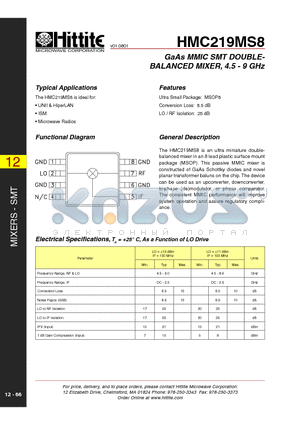 HMC219MS8 datasheet - GaAs MMIC SMT DOUBLEBALANCED MIXER, 4.5 - 9 GHz