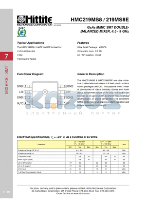 HMC219MS8 datasheet - GaAs MMIC SMT DOUBLEBALANCED MIXER, 4.5 - 9 GHz